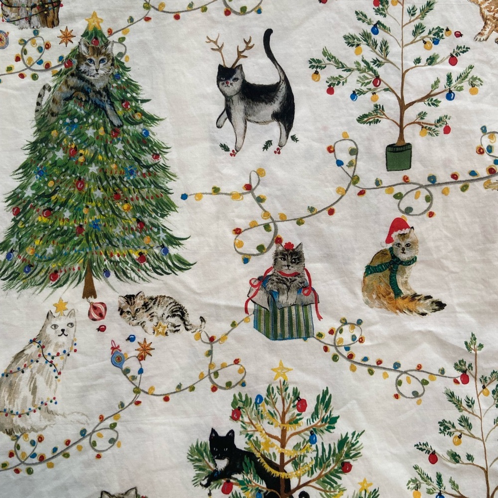 Pottery Barn EUC 100% organic cotton novelty cat Christmas print queen sheets